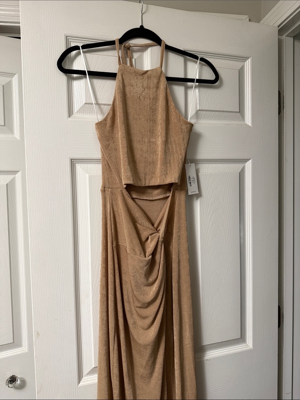 Petal & Pup Champagne Tan Halter Maxi Dress with Draped Skirt